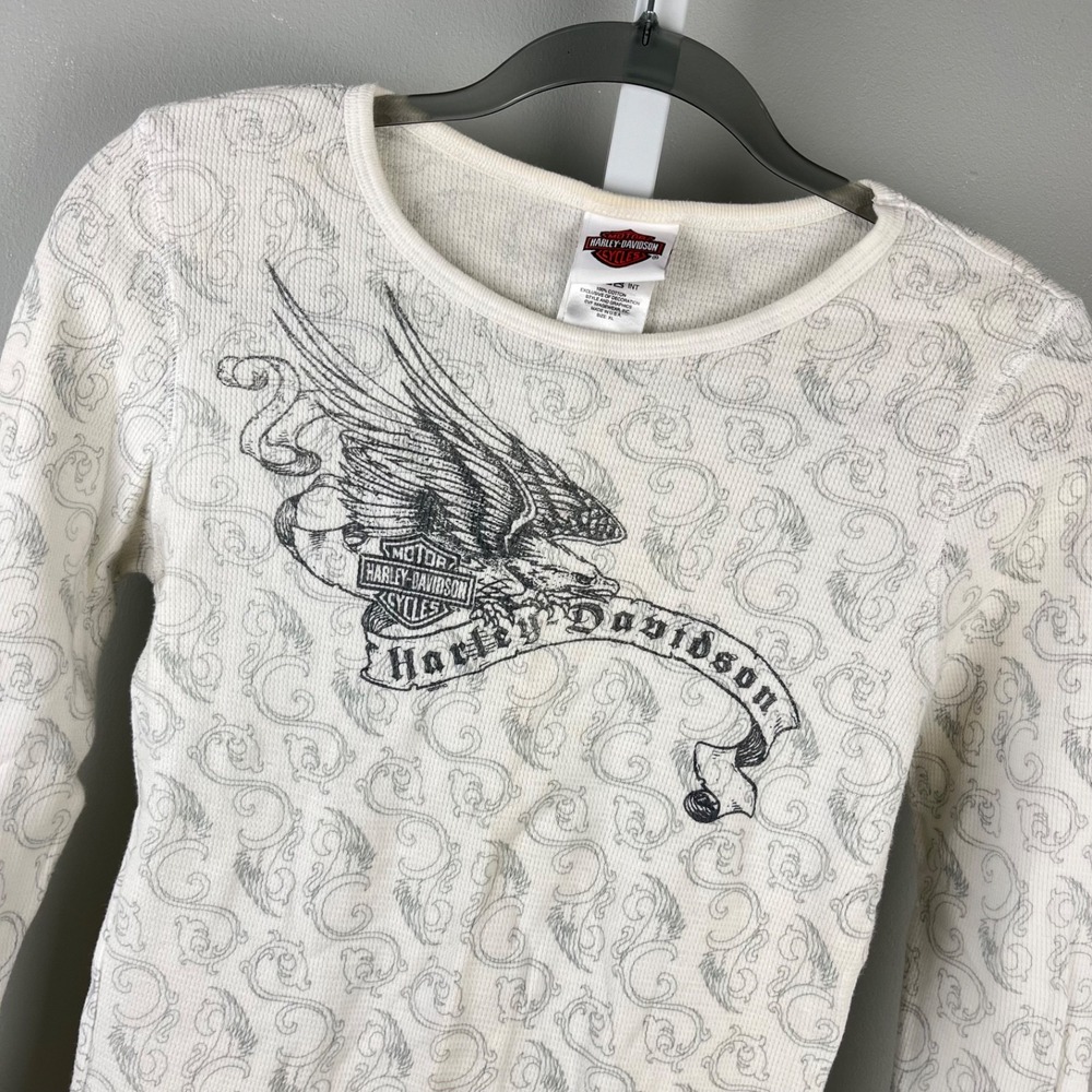 Harley Davidson Top Shirt Womens XL White Thermal Eagle Graphic Print Y2K
